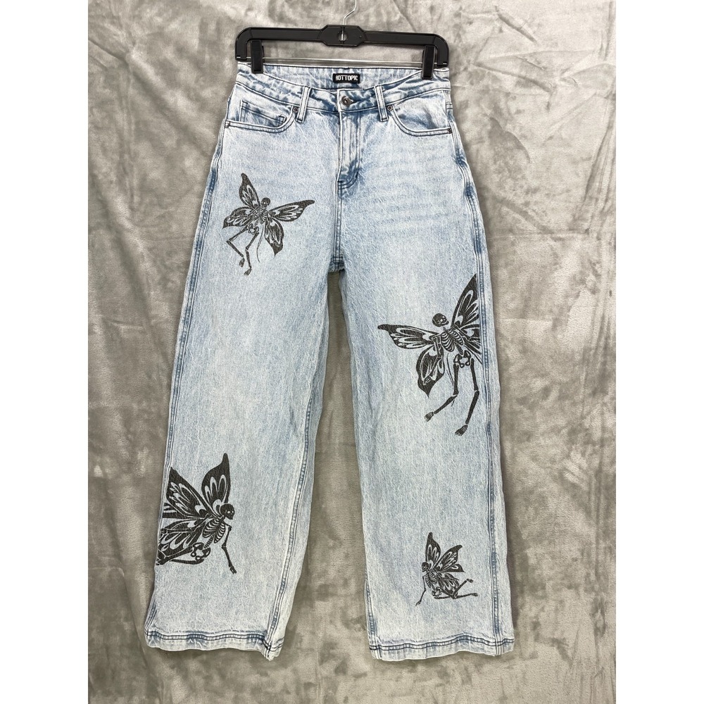 HOT TOPIC Skeleton Fairy Jeans Wide Leg Juniors 5 Blue Baggy Grunge Punk Skate